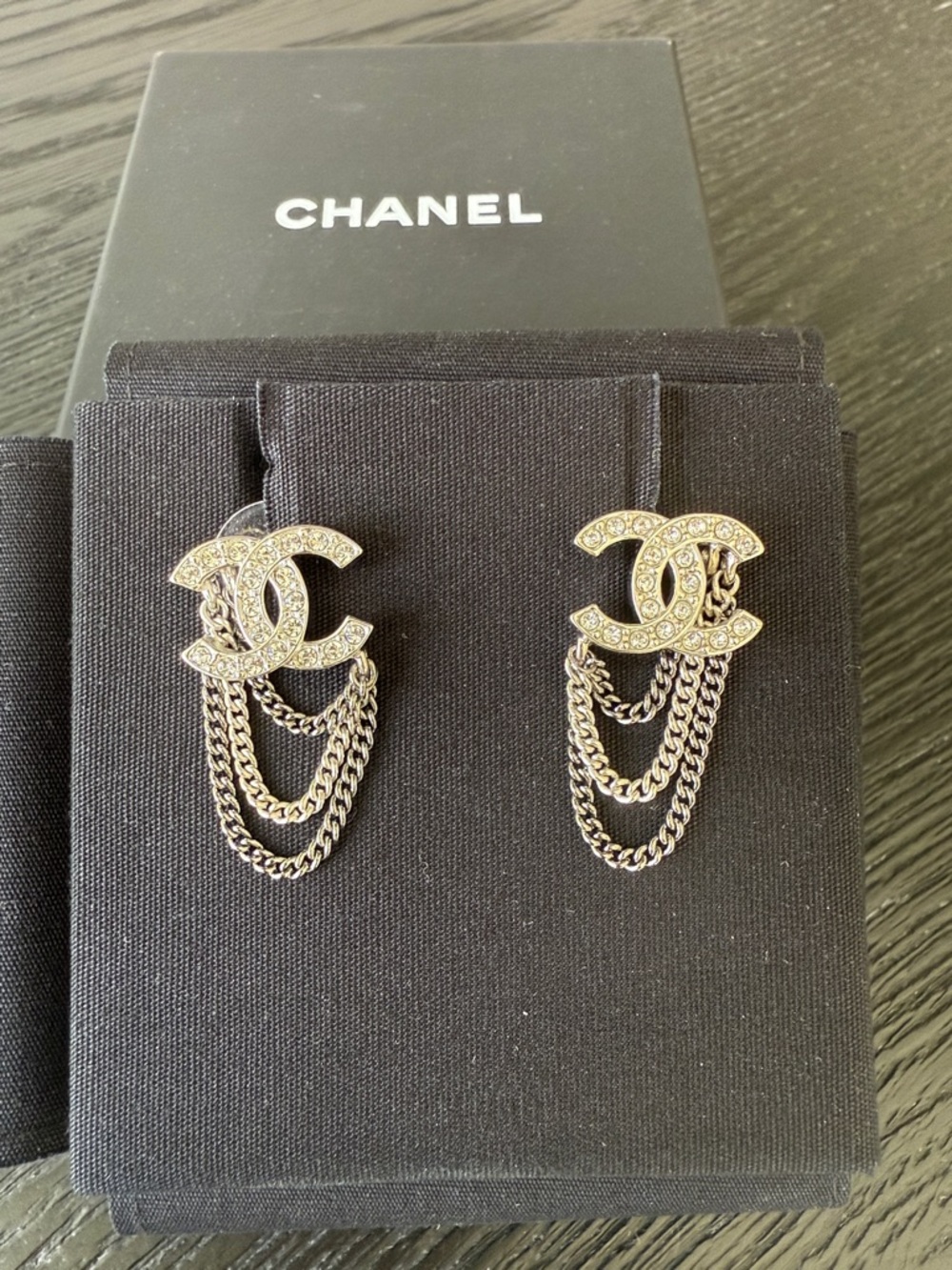 CHANEL Silver-Tone Crystal CC Logo Chain Drop Earrings
